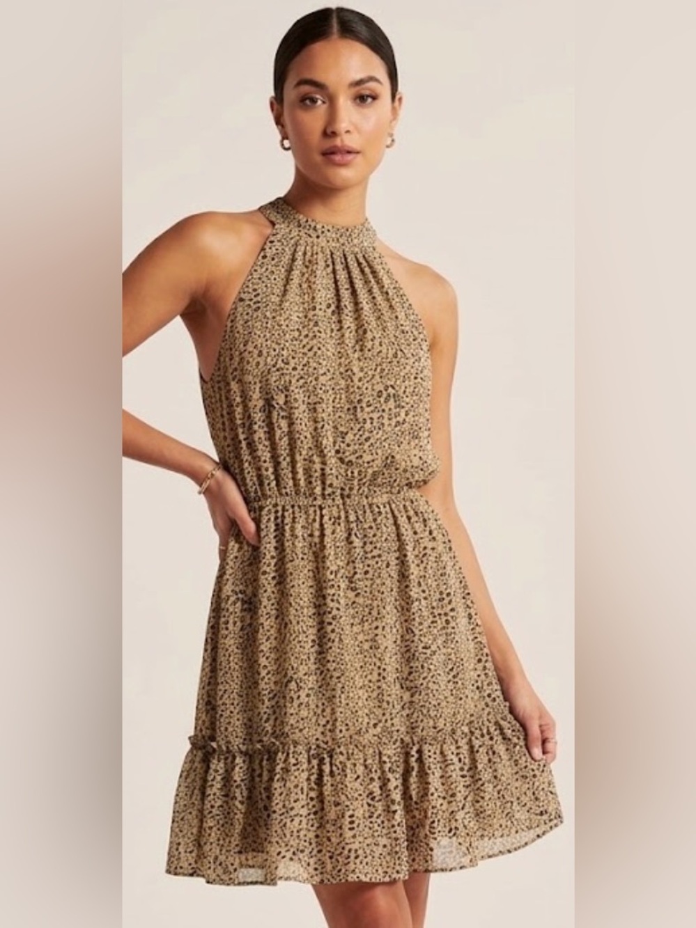BTFBM Leopard Print Halter Neck Tiered Ruffle Mini Dress | Size M